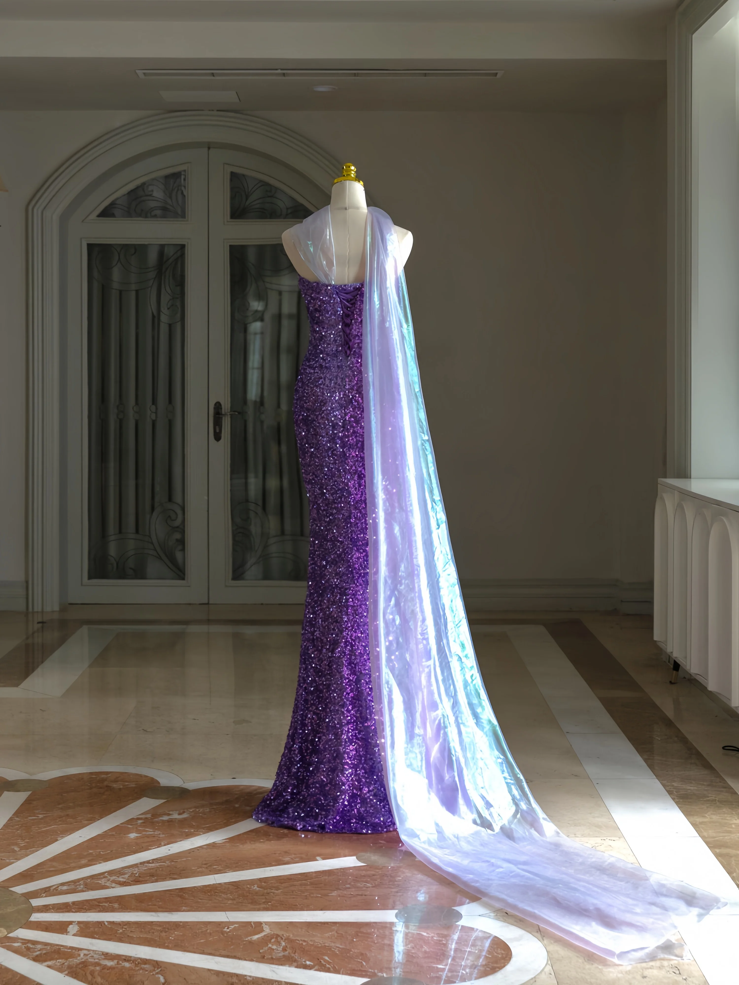 Elegante roxo vestido de baile cintura alta sem alças sem mangas lantejoulas sem costas decote coração ocasião especial vestido de noite