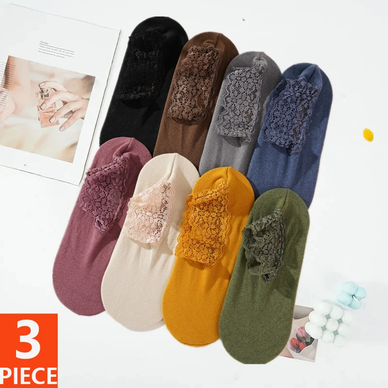 3 PCS Non Slip Lace Edged Sock New Autumn Winter Women's Ankle Socks Solid Color Women Breathable Floor Socks Warm Velvet Sock