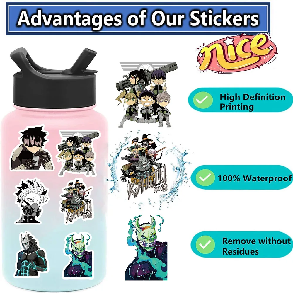 50pcs Kaiju No 8 Anime Stickers Cartoon Stickers For Luggage Laptop Skateboard Moto Bicycle Guitar Fridge Toy Decal