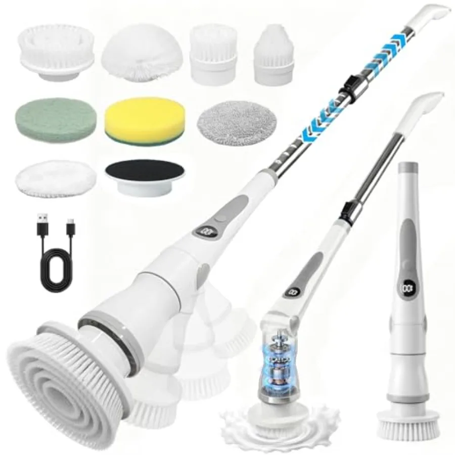 

Cordless Electric Spin Scrubber, 4 Angles with 8 Replaceable Brush Heads, Adjustable Handle 3 Speeds with LED Display-90Mins Ru
