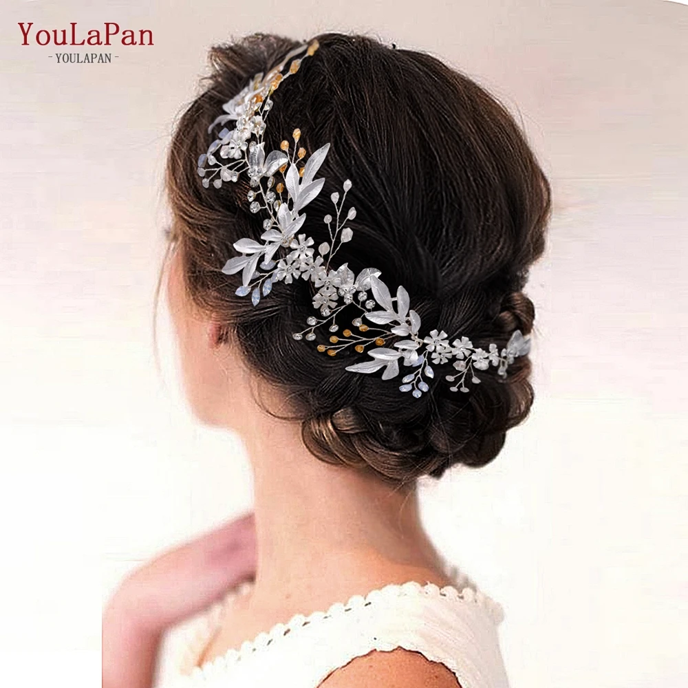 YouLaPan Crystal Bridal Headband Handmade Leaf Headpiece for Girls Wedding Hair Accessories Woman Headwear with Organza HP278