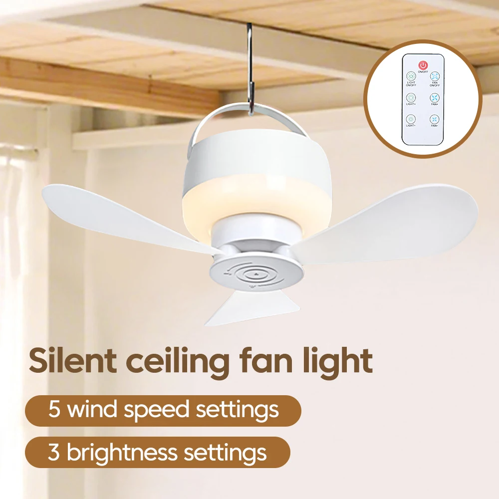 Portable Rechargeable Ceiling Fan Remote Control USB Hanging Fan for Student Dorm Bed Outdoor Camping With LED