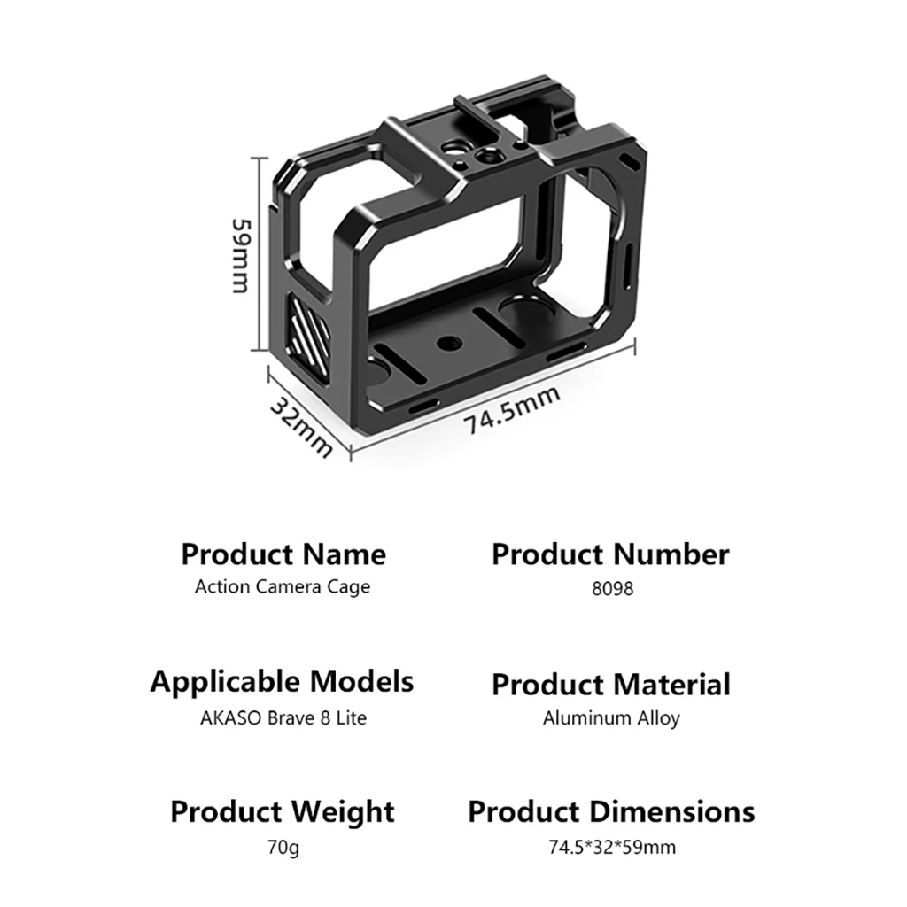Schutzhülle aus Aluminiumlegierung für AKASO Brave8 Lite, schwarz, starkes Metall-Action-Kameragehäuse, Rahmenkäfig mit 1/4-Zoll-20-Schraubenloch – Detail 1