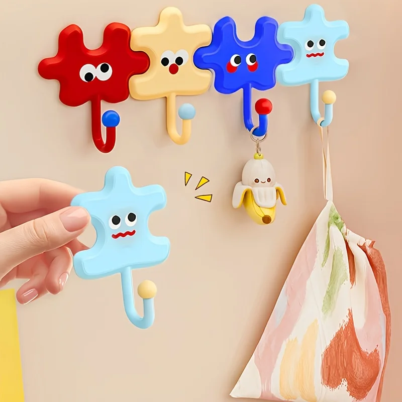 Dopamine Puzzle No‑Drill Wall Hooks 4Pcs, Bathroom Storage Set Fit Tiles Mirrors and Door Panels