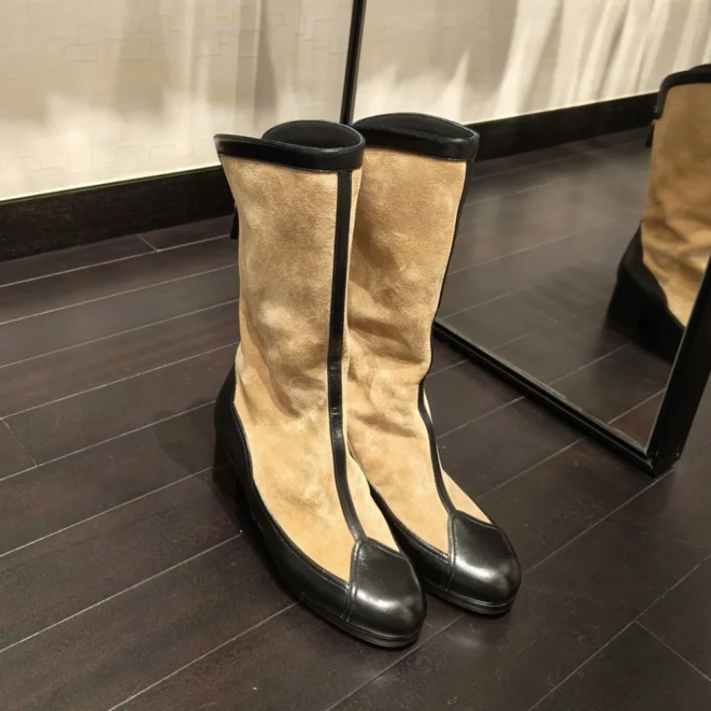 

2025 New Women's Knee-High Boots Suede Leather Stitching Round Toe Thick Heel Heightening Rear Zipper Retro Ladies Mid-Calf Boot