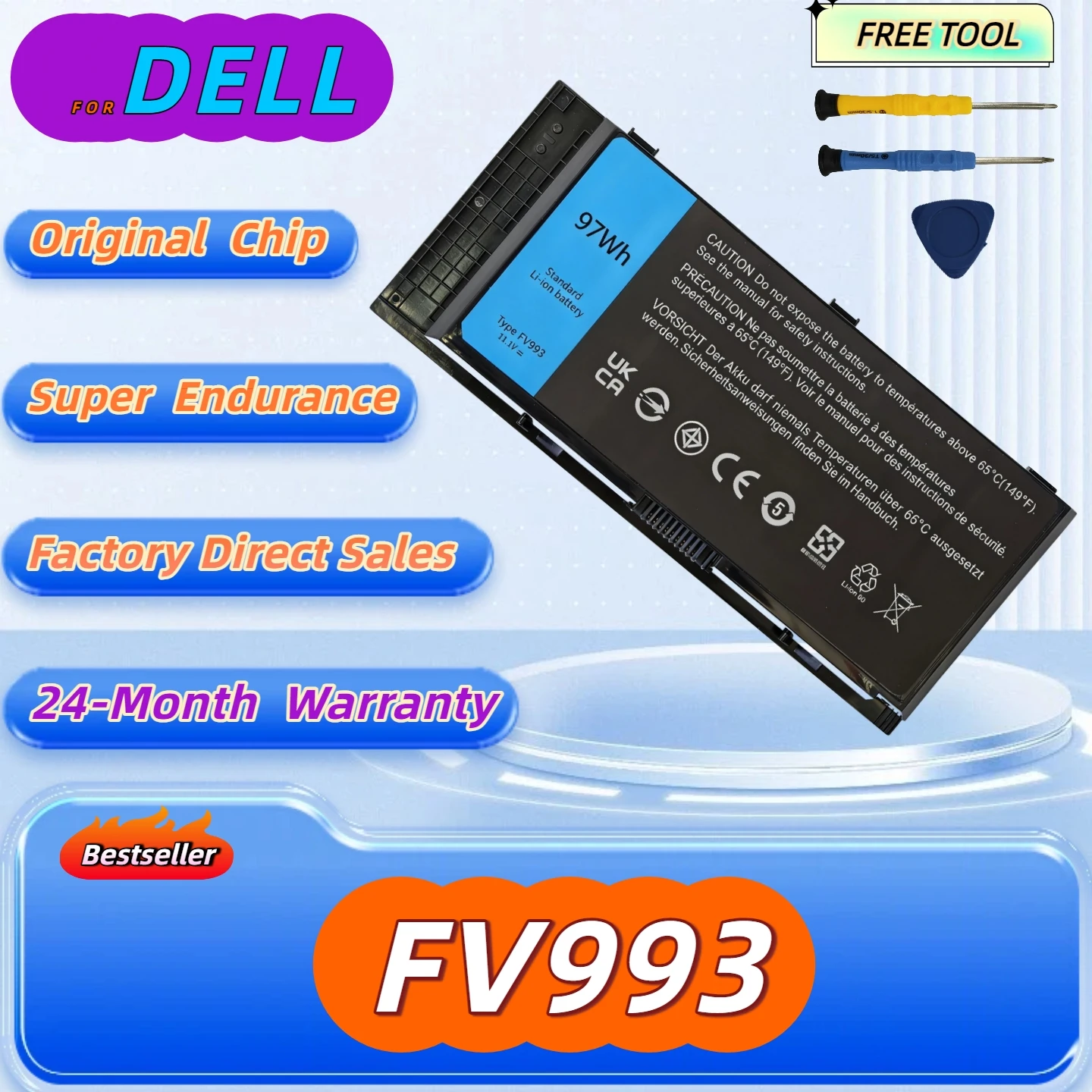 

Аккумулятор FV993 97WH для ноутбуков DELL Precision M6600 M6700 M6800 M4800 M4600 M4700 FJJ4W PG6RC R7PND, в комплекте инструменты
