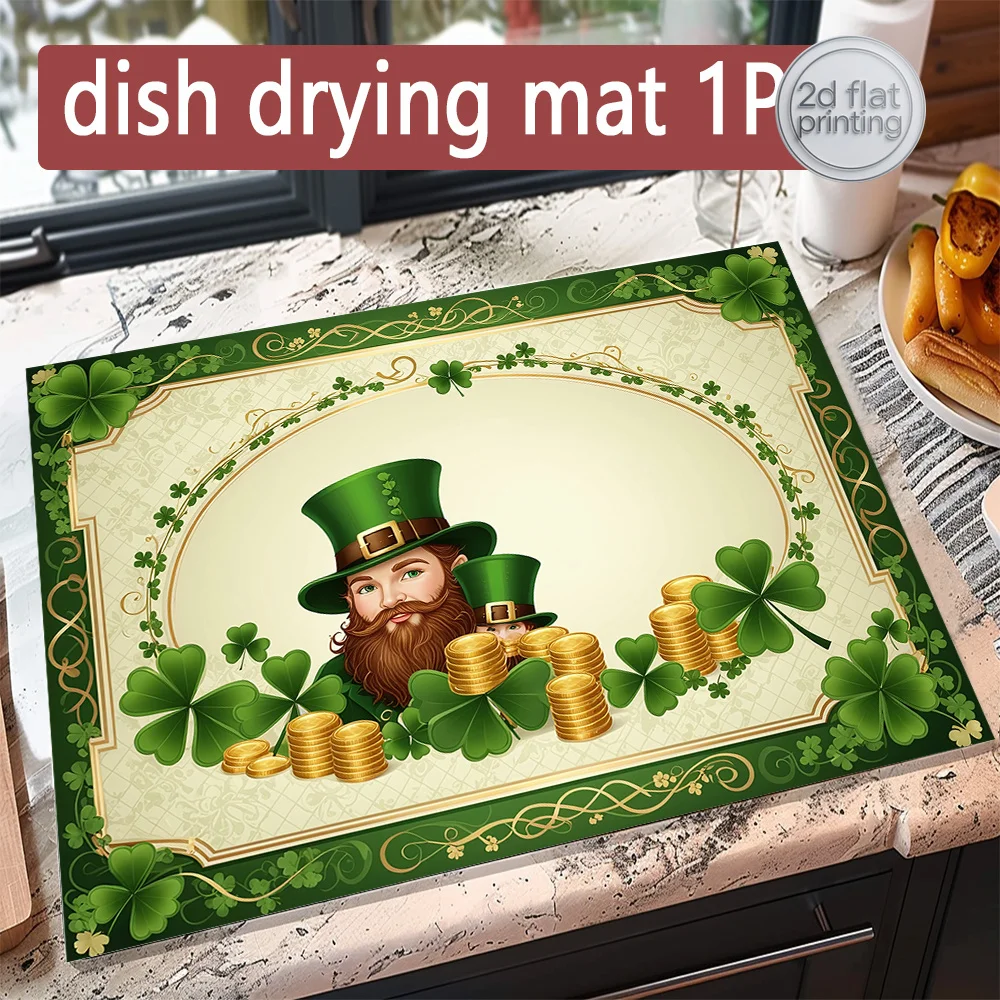 1pc, Dish Drying Mat with Leprechauns, Golden Coins & Clovers in Green and Golden Print, Drip Drying Mat, Washing Machine Counte
