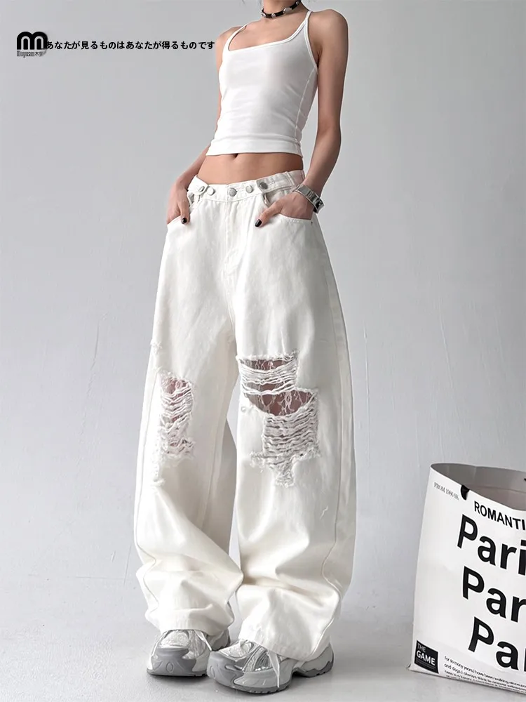 

Slimming High Waist Wide Leg Pants Lace Hole Design Loose Fit Women's Jeans Trendy Streetwear Vintage Long Cotton Stretch Denim