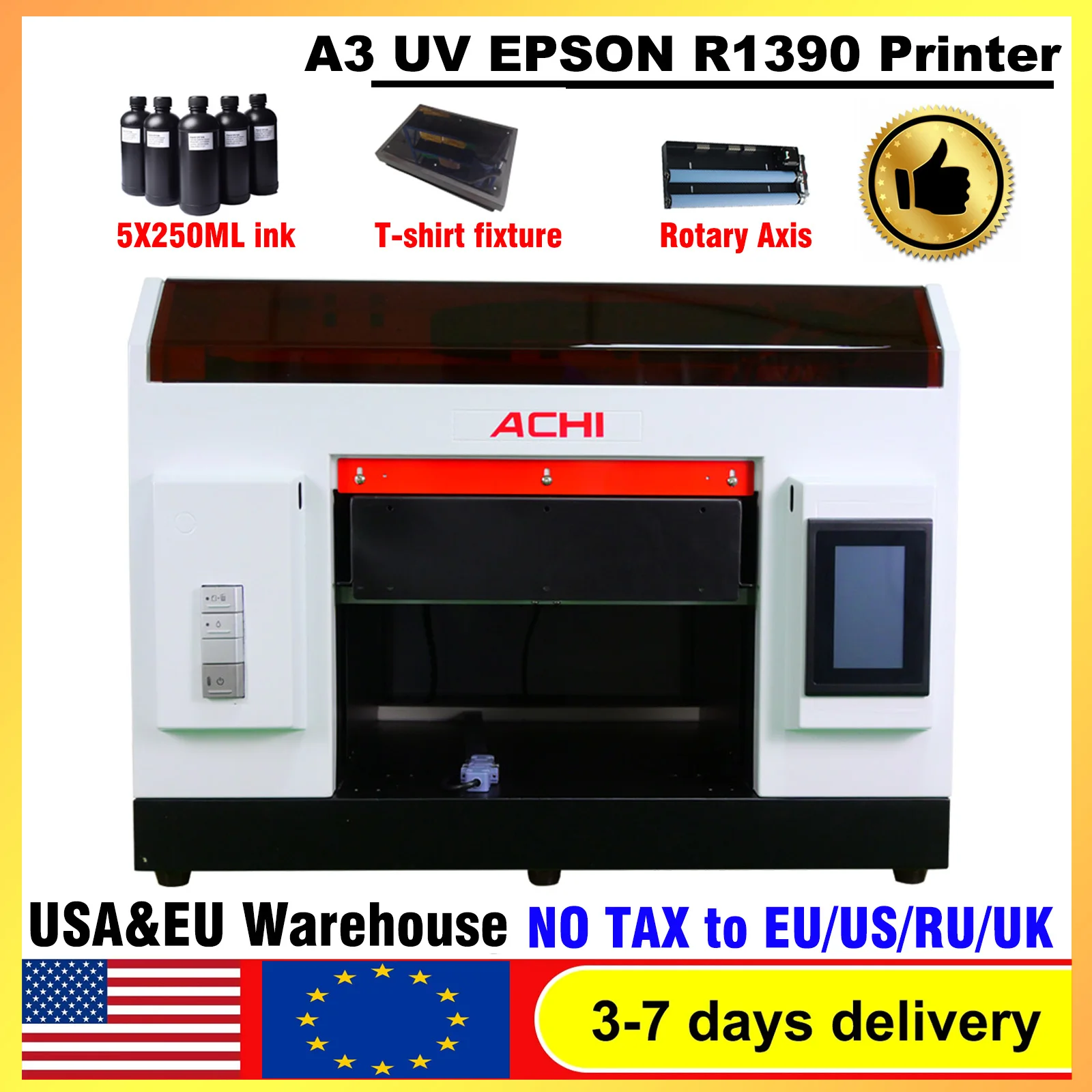 EU Stock A3 UV Flatbed Printer R1390 UV Printer for Cylinder for Moble phone Case Glass Metal Wood Print US Stock With ink