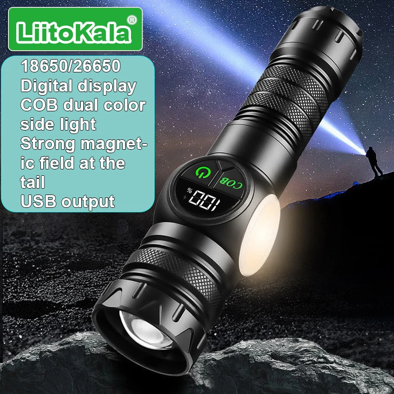 LiitoKala Digital Display Flashlight with COB Side Light Compatible with 18650/26650 Batteries Handheld Tactical LED Lamp