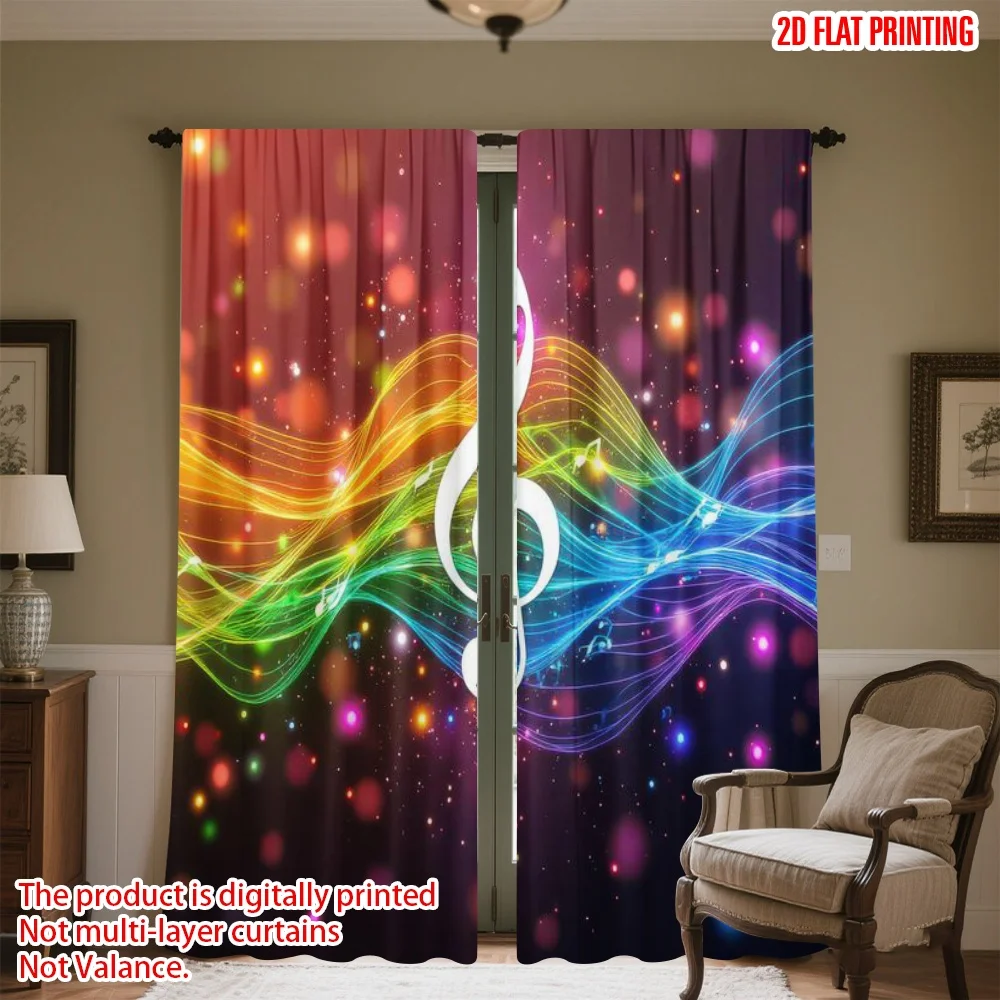 

2D flat printing 2pcs Party Curtain Colorful Musical Notes Digital Printed Polyester Drapes Family Party Decoration Use for