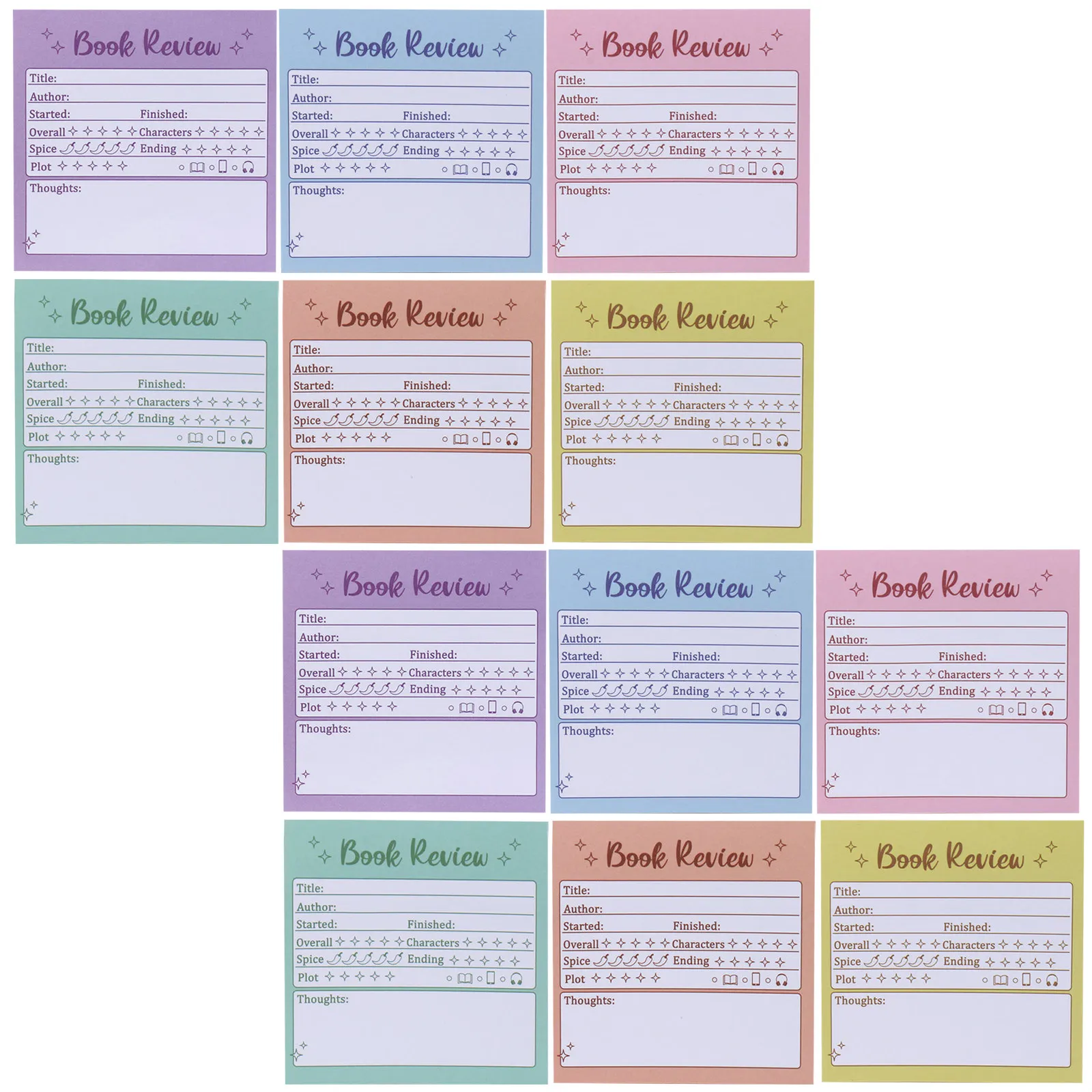 12Pcs Book Review Sticky Self-Adhesive Notepad Multi-Color Removable Reading Memo Pads Book Annotation Tabs for Novel Tracking