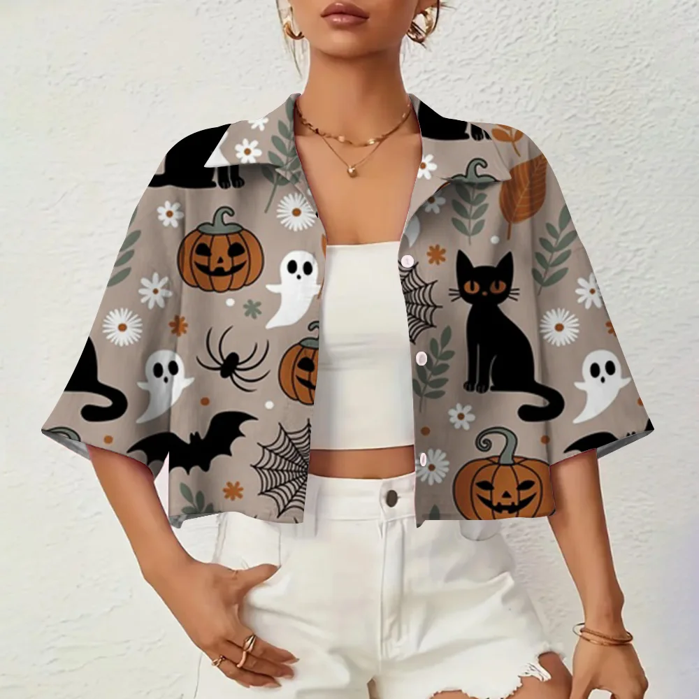 Halloween Elements Printed Women\'s Shirts Bat Pumpkin Pattern Elegant Fashion Short-sleeved Button Down Shirts 2024 Summer