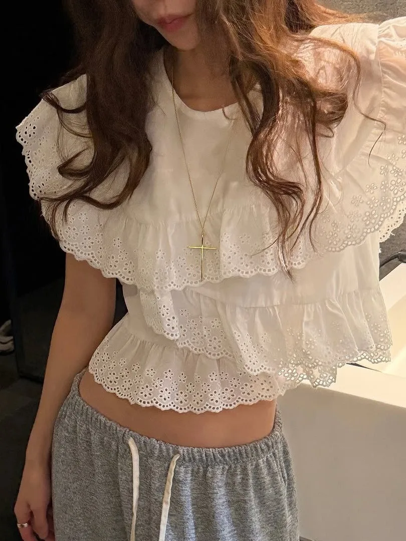 Chic Ruffle Splice round Neck Back Tie Women's Cute Super Beautiful White Shirt Korean Style Loose Fit Short Sleeve G3045