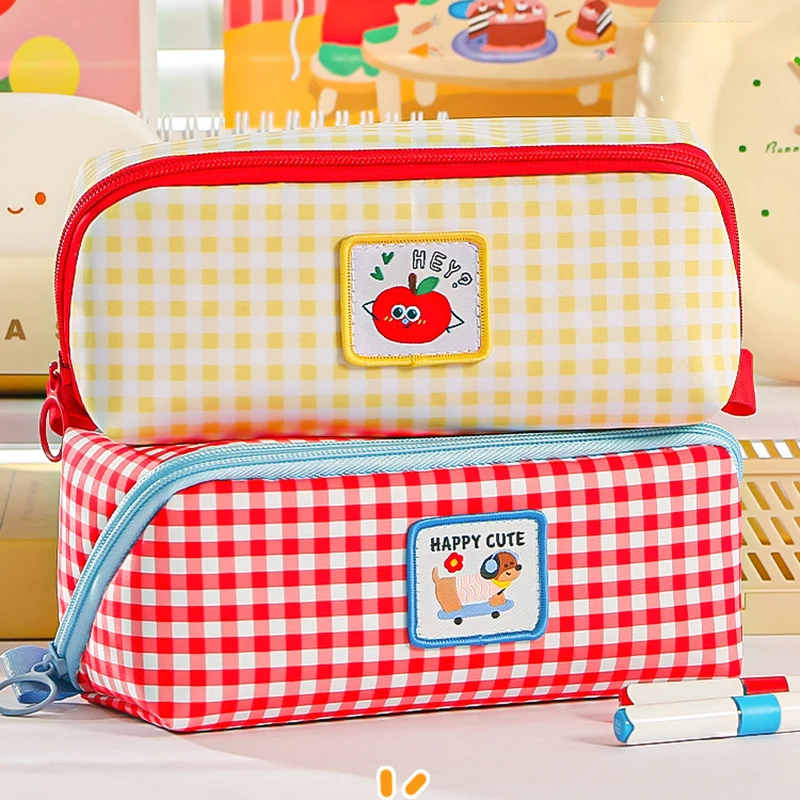 New Cartoon Checkered Large Capacity pencil case Student School Desktop Storage Stationery Multi Layer Pen bag Kids Gifts 2026