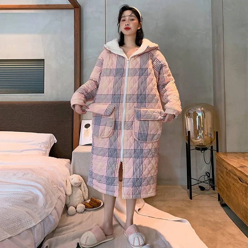 

Cute Pink Thick Winter Sleepwear Square Nightgown Flannel Nightwear 3-layer Quilted Keep Warm Women's Home Clothes Bath Robe