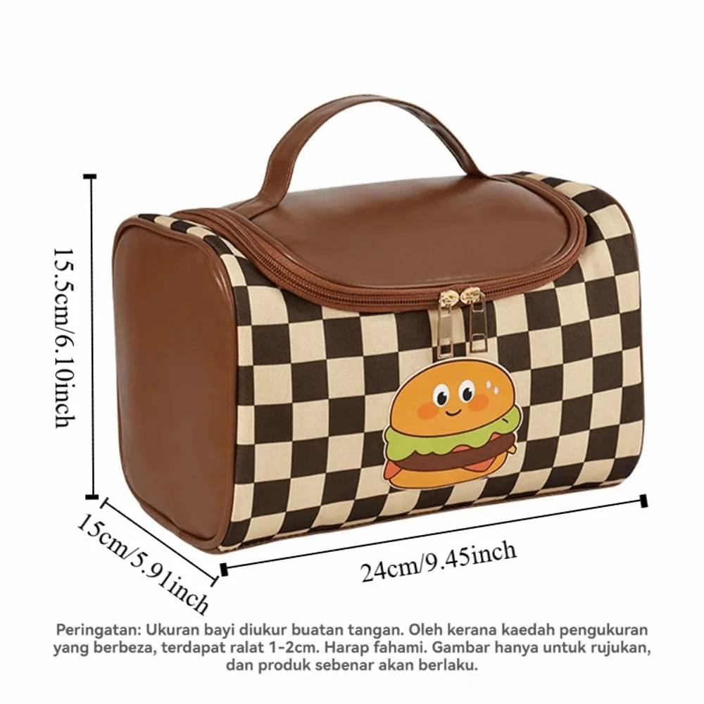 بو الجلود الشطرنج حقيبة ماكياج همبرغر الكرتون الرجعية رقعة الشطرنج حقيبة مستحضرات التجميل أدوات الزينة المنظم سعة كبيرة #6