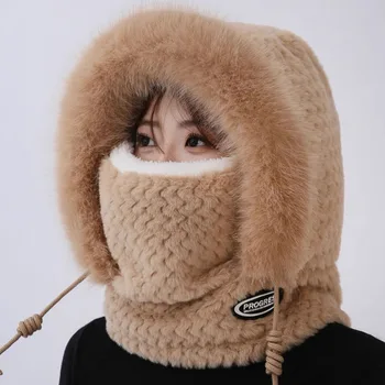 Women's Winter Thermal Hood Soft Plush Hat with Scarf and Mask, Windproof Ear Protection…