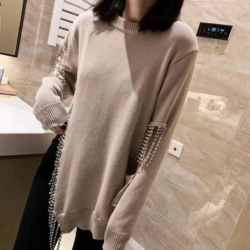 Autumn Winter Black Rhinestone Tassel Women Sweaters O Neck Chain Long Sleeve Loose Slim Irregular Casual Knit Pullover Sweater