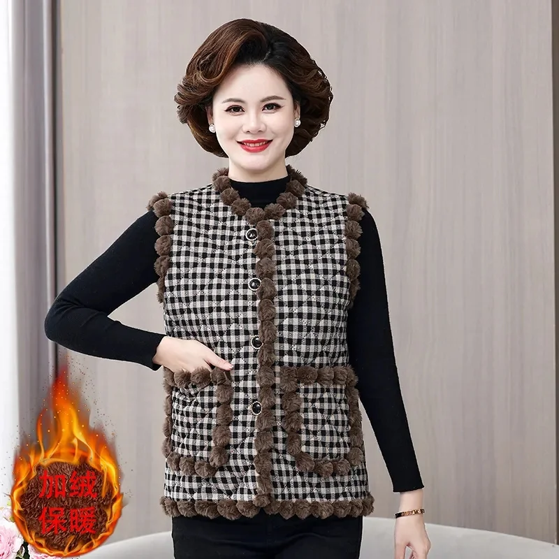 Ladies Large Size 6XL Sleeveless Tops Coat Middle Aged Mother Fashion Vest Outerwear Winter Female Add Velvet Waistcoat Jacket