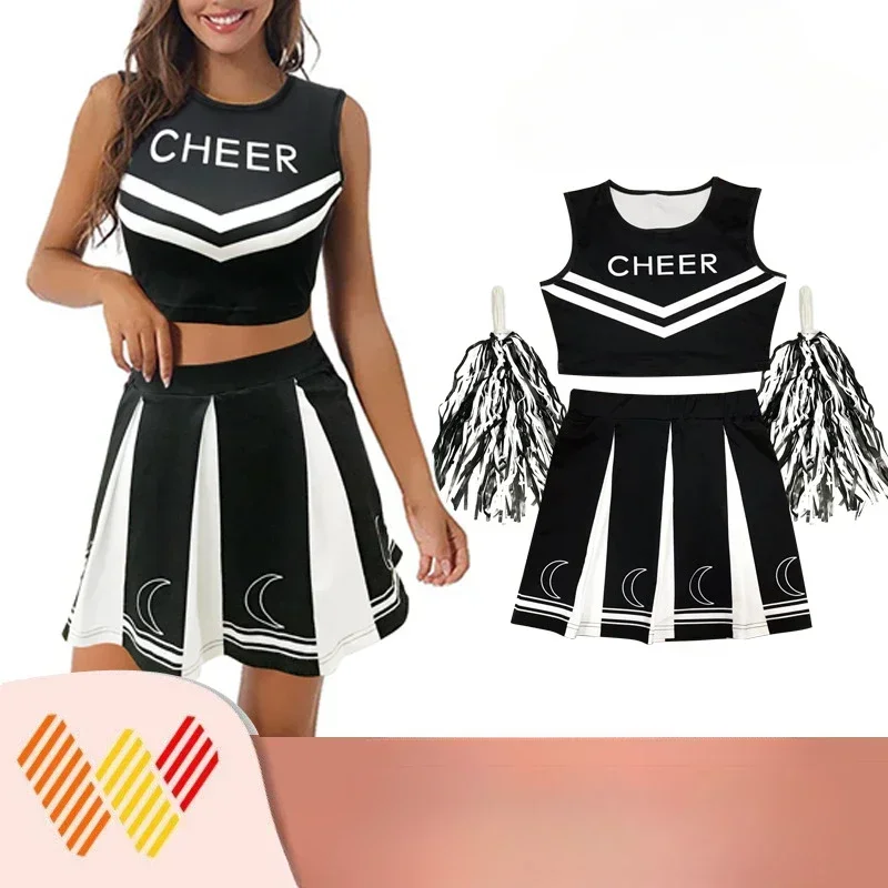Lightweight Girls Cheerleading Uniform Dance Costume Printed Vest with Pleated Skirt and 1 Pair Tassel Flower Balls Outfit Set