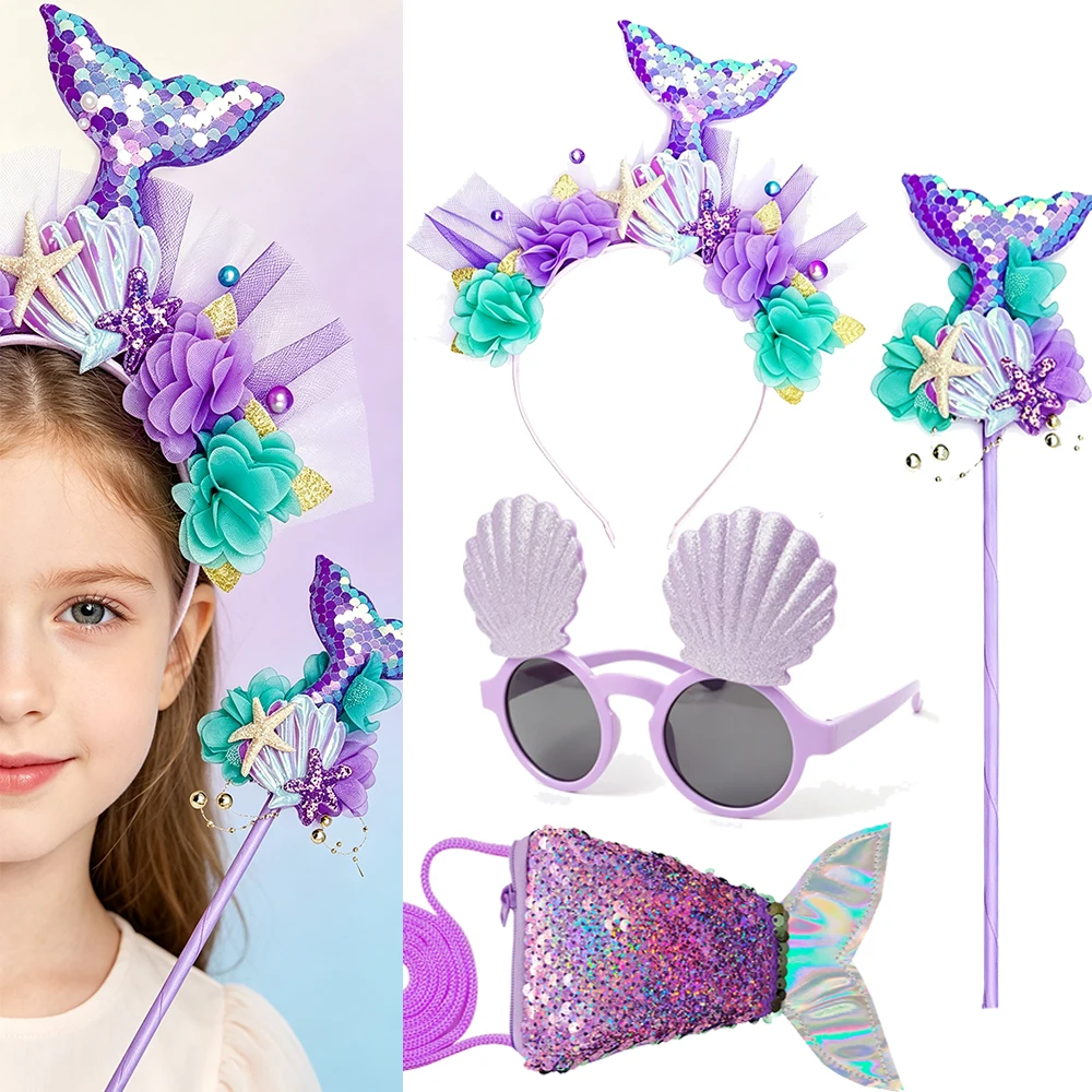 Girls Mermaid Costume Accessory Kit Crown Tiara Starfish Headband Magic Wand Decorative Shell Glasses Birthday Halloween Party