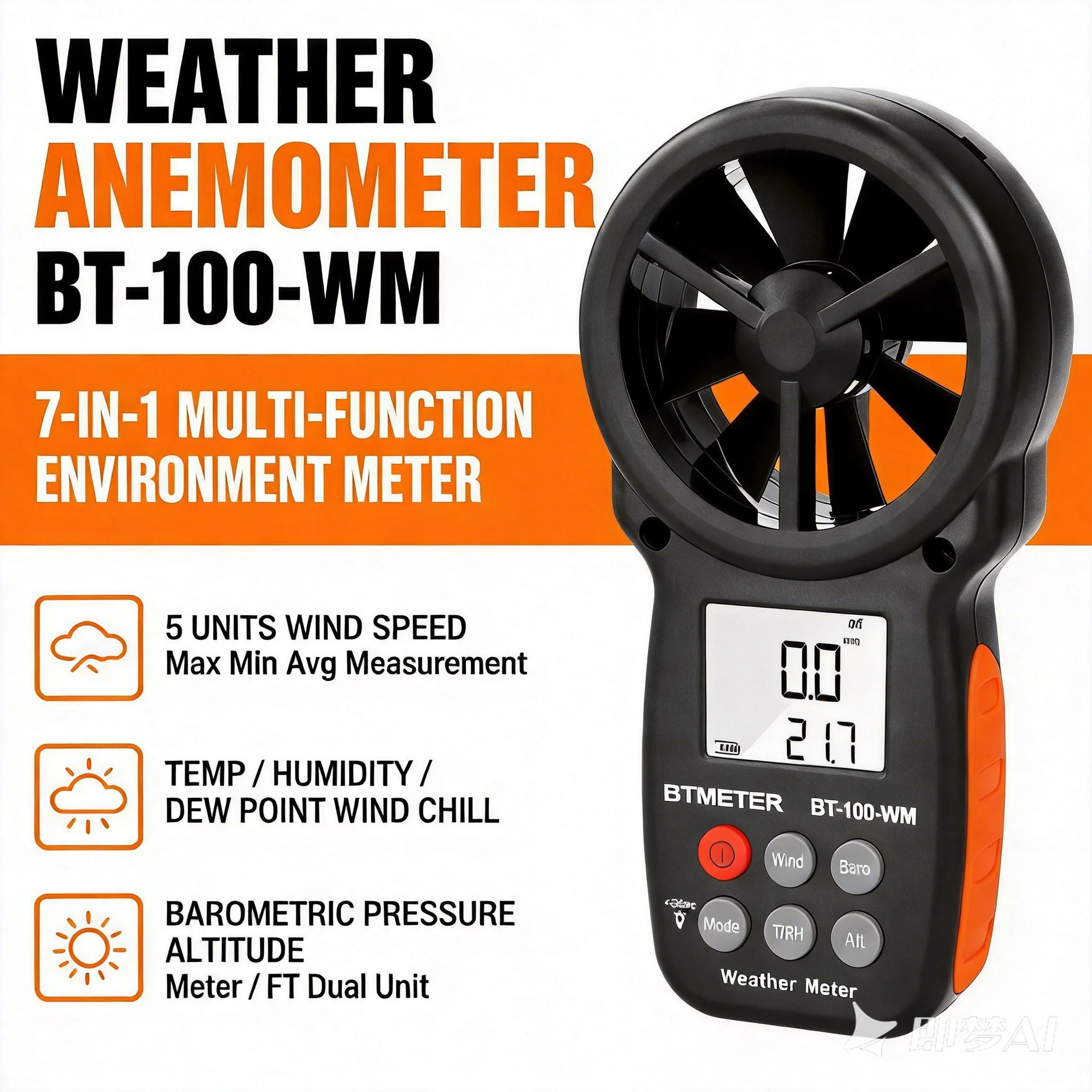 Wind Speed Meter Anemometer Barometer Altitude Humidity Dew Point Wind Chill Data Logger Outdoor Holdpeak BT-100