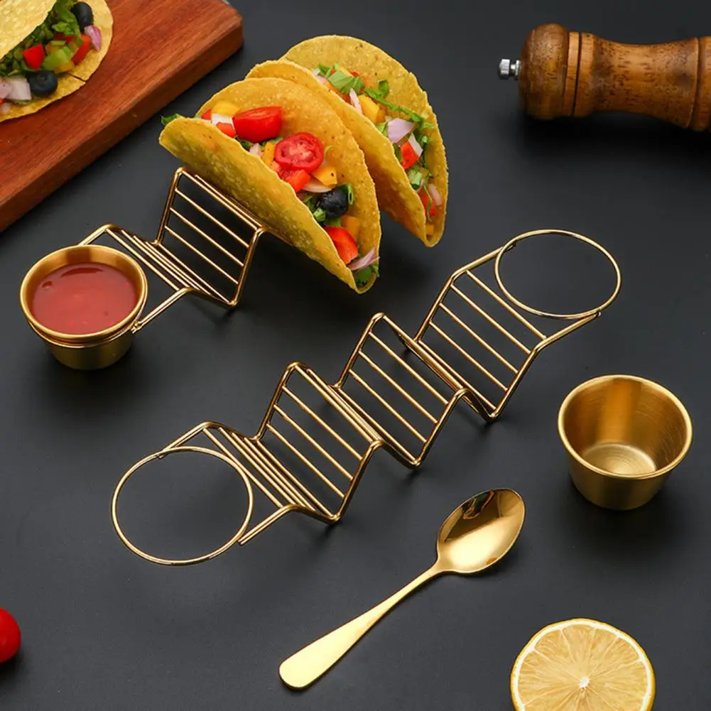 Sandwich Pancake Stand Stainless Steel Taco Holder Stand with Dip Bowls Wave Rack Set with Sauce Dishes Spoon Dishwasher Safe