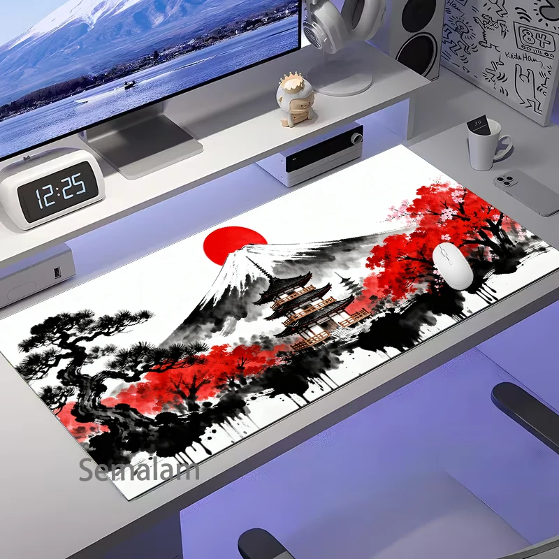 

Red Cherry Blossoms Mouse Pad Temple Scenery Gaming Desk Mat Non-slip Rubber Base Rug Washable PC Pads for Game & Office Playmat