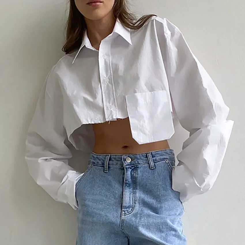 Autum Euro-America Style Female Shirt Crop Top Asymmetrical Patchwork Fashion Casual Turn-down Collar Short Tops