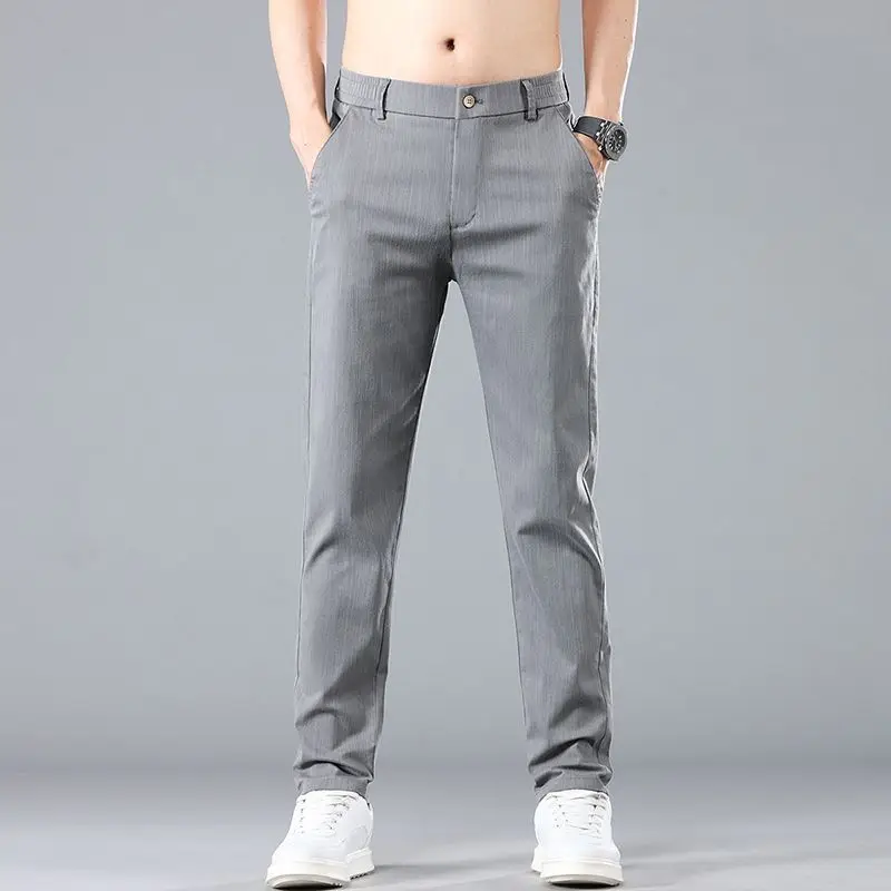 

Mens Button Zipper Fly Mid Waist Slim Straight Full Length Business Casual Trousers