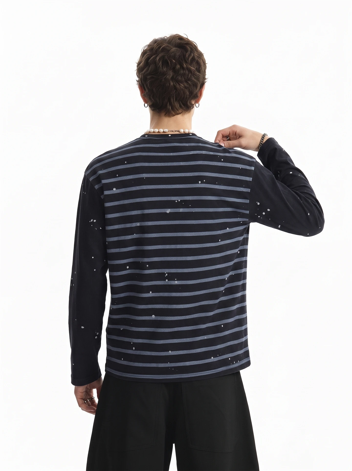 BETEBULE American Retro Splashed Ink Letter Print Striped Long Sleeve Men's T-shirt Casual Loose Top for Autumn Season