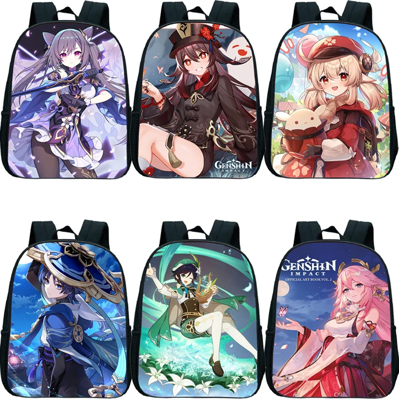 Nylon Backpack with Genshin Impact Printing Cartoon School Bag for Boys Girls Lightweight Kindergarten Book Bags Kids Backpack