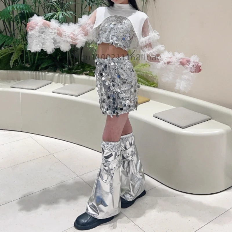 Vestido de performance de dança jazz para meninas, conjunto moderno de malha de couro brilhante da moda feminina, vestido de desfile de moda hip hop modelo