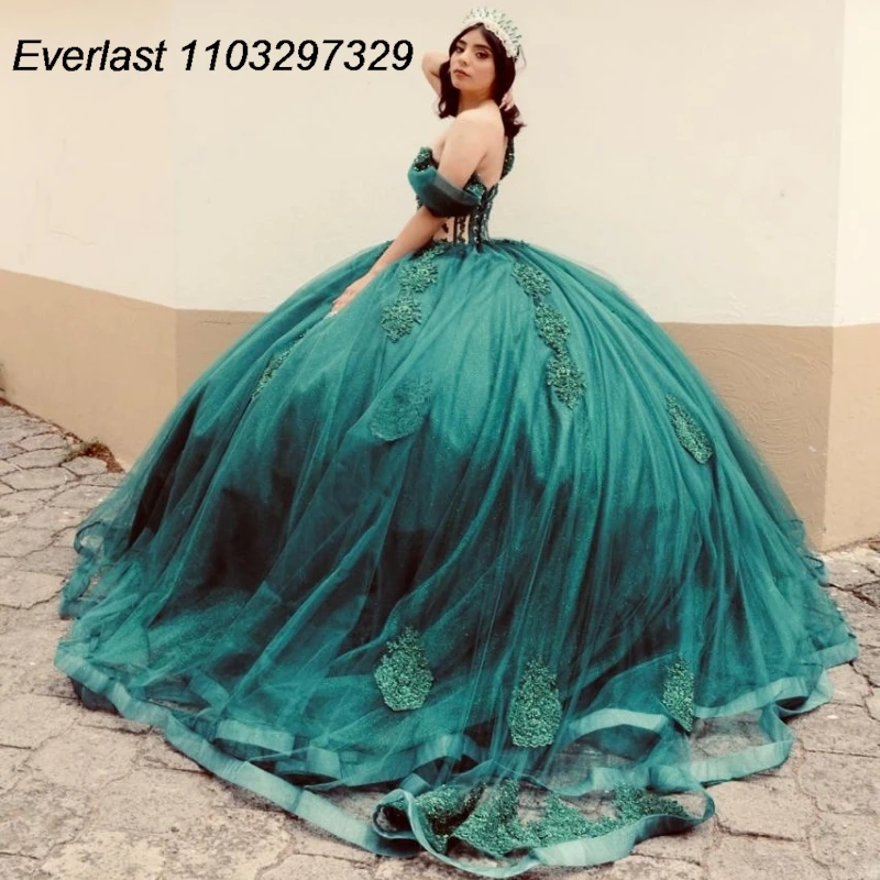 EVLAST-vestido De quinceañera verde esmeralda De lujo, vestido De baile, apliques De encaje, corsé De cuentas, dulce mexicano 16, 15 Años, TQD854