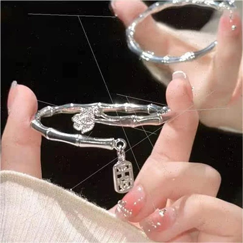High Purity Hypoallergenic S999 Silver Bamboo Lotus Bangle Hollow Safe Character Pendant Opening Design Women Jewelry