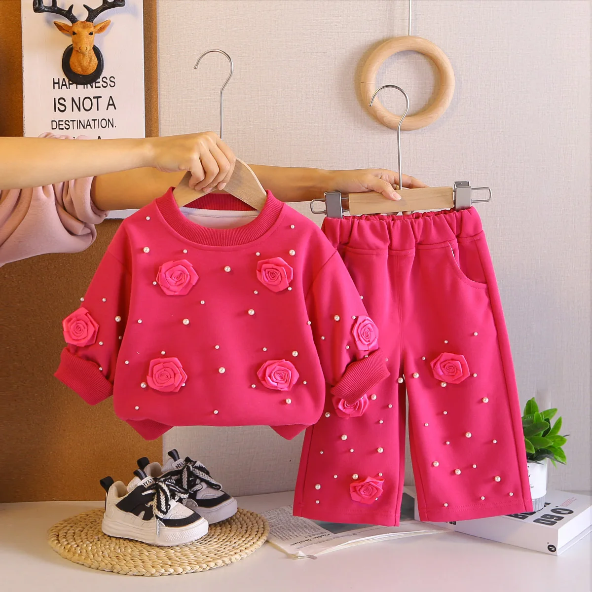 2PCS Toddler Girls 0-5 Years Rose Outfit Set Korean Baby Girl Floral Sweatshirt and Pearl Beaded Pants Kids Sweet Spring Clothes