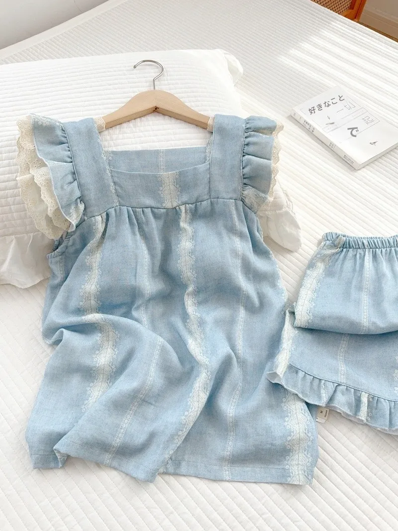 

Summer Women's Bamboo Cotton Spwear with Chest Pad ort Pants Nightgown Thin Home Clothes Strap Design Sweet Sle