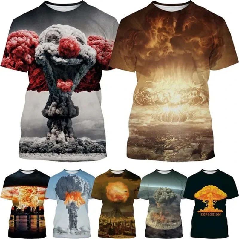 Nuclear Explosion 3D Painted T-shirts New Men's Fashion Casual Destruction Mushroom Cloud T Shirt Cool Popular Unisex Top Tees