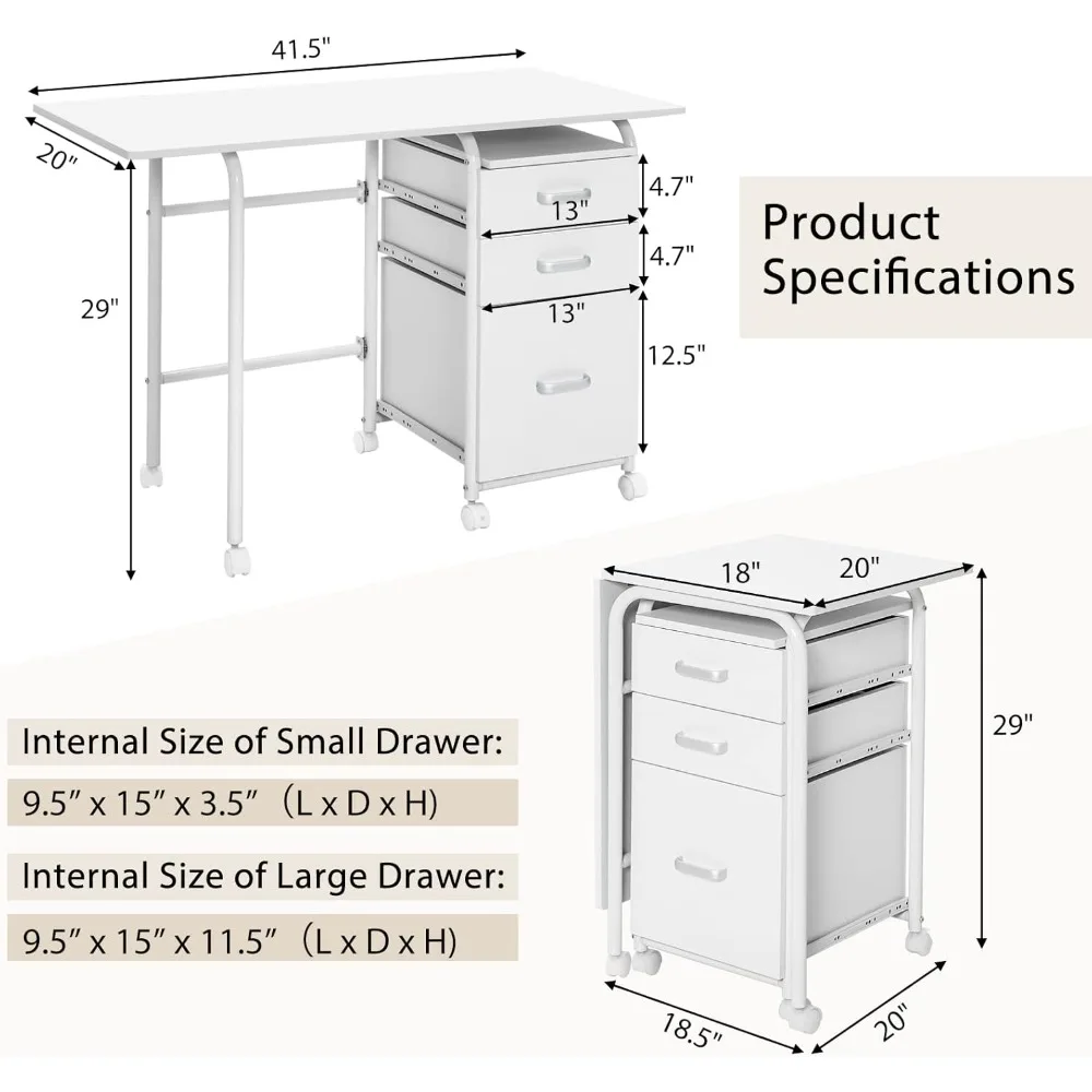 مكتب أبيض قابل للطي مع 3 أدراج، مكتب مكتب منزلي متنقل، مكتب كتابة للدراسة بعجلات ناعمة، مدمج موفر للمساحة #2