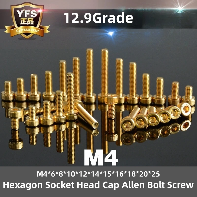 

100 шт., шестигранные болты YFS M4, с головкой и шестигранным углублением, M4 * 6*8*10*12*14*15*16*18*20*25 мм, класс 12, 9, титановые Антикоррозийные винты