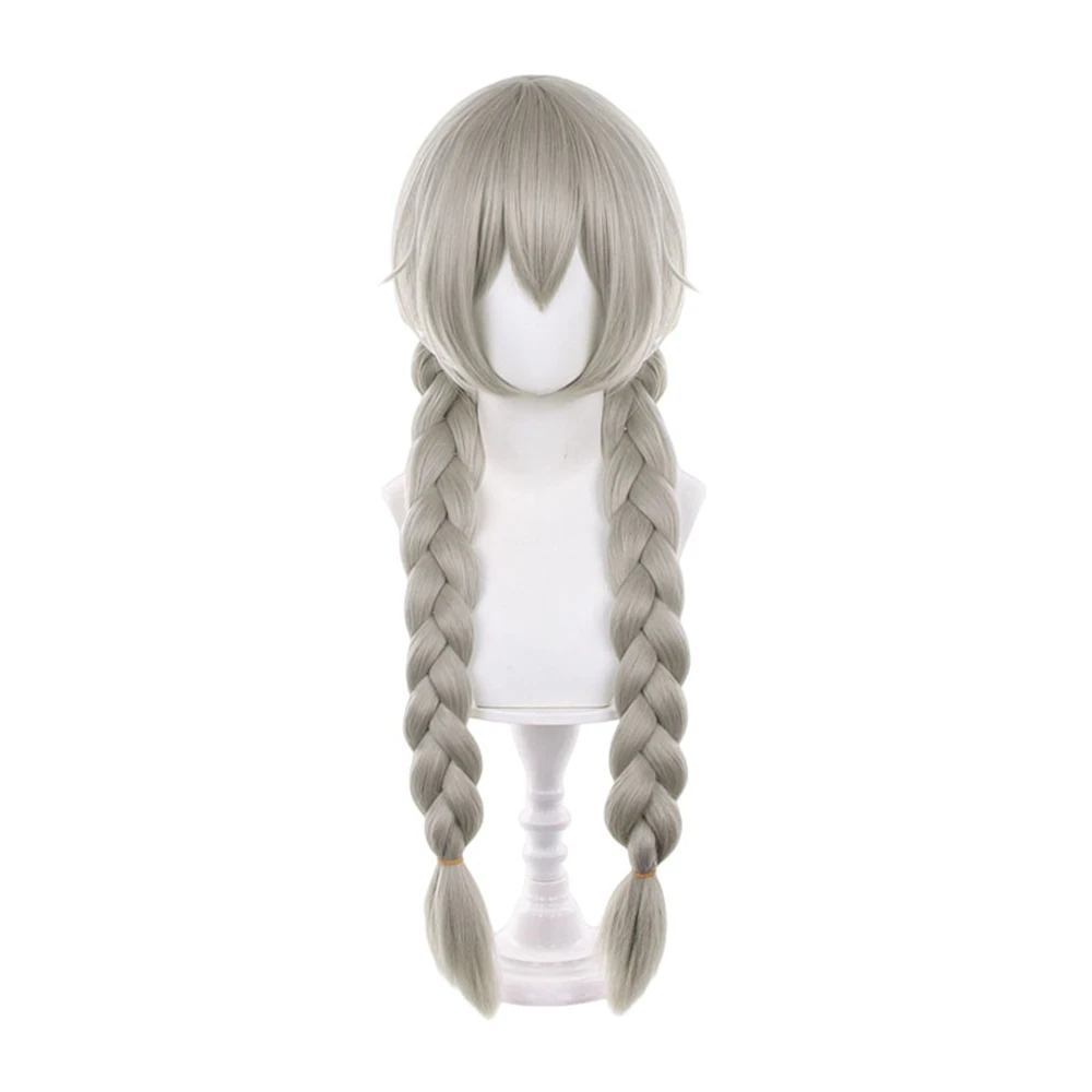 Silver Gray Long Braided Cosplay Wig with Bangs and Double Plaits for Anime Halloween Costume Role Play