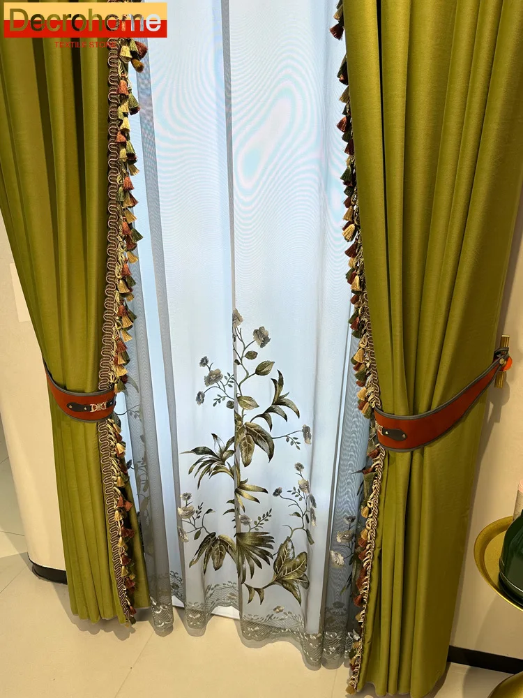 

New Chinese Embroidered Window Screen Matcha Green Velvet Lace Splicing Thickened Curtains for Living Room Bedroom French Window