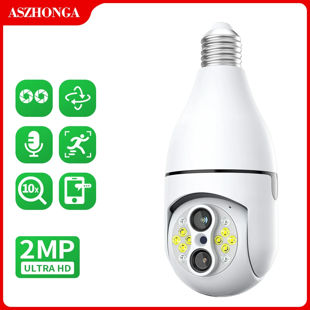 

ASZHONGA 4MP Dual Lens E27 Light Bulb Lamp PTZ Camera WiFi 2MP/ Security Linkage Floodlight Auto Tracking Dual-Lens Outdoor