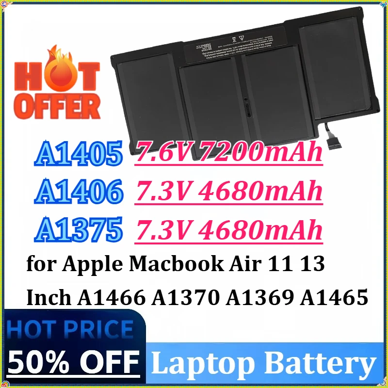 

New 4680mAh/7200mAh A1405 A1406 A1375 Laptop Battery for Apple Macbook Air 11 13 Inch A1466 A1370 A1369 A1465 A1375 A1406 A1377