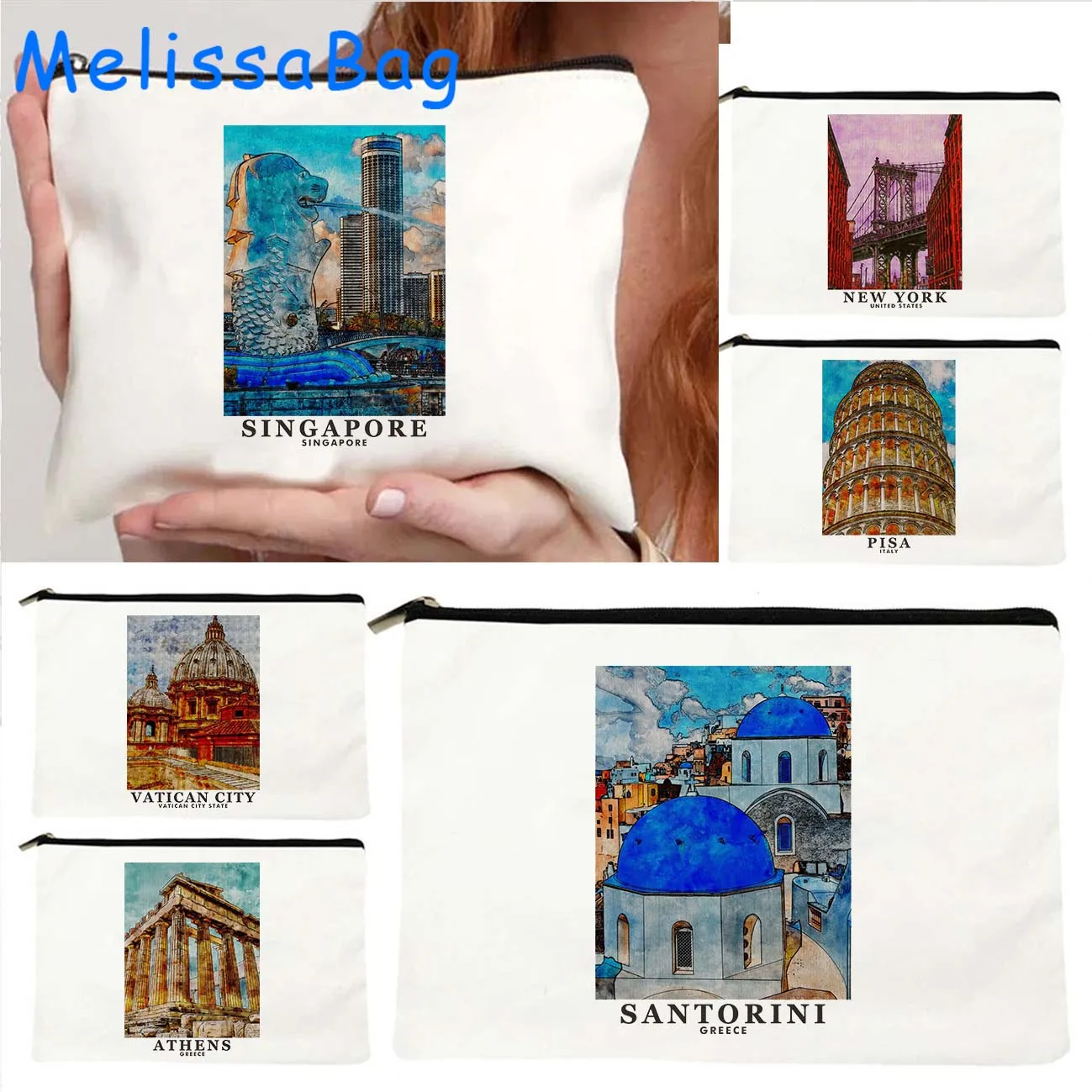 Amsterdam New York Munich Florence Rome Budapest Santorini Vatican Venice Athens Architectural Painting Cosmetic Makeup Bag Case