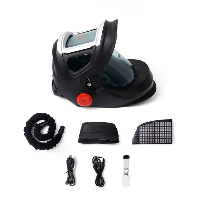 Automatic dimmer welded helmet with electric air filter respirator and 100mm x 59.5mm field of view