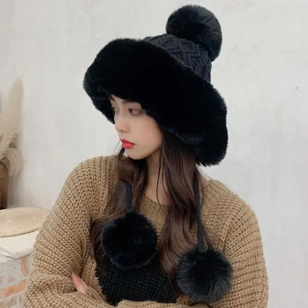 

Sweet Faux Fur Ear Protection Hat Keep Warm Solid Color Knitted Beanie Woolen Thicken Winter Plush Hat Cycling