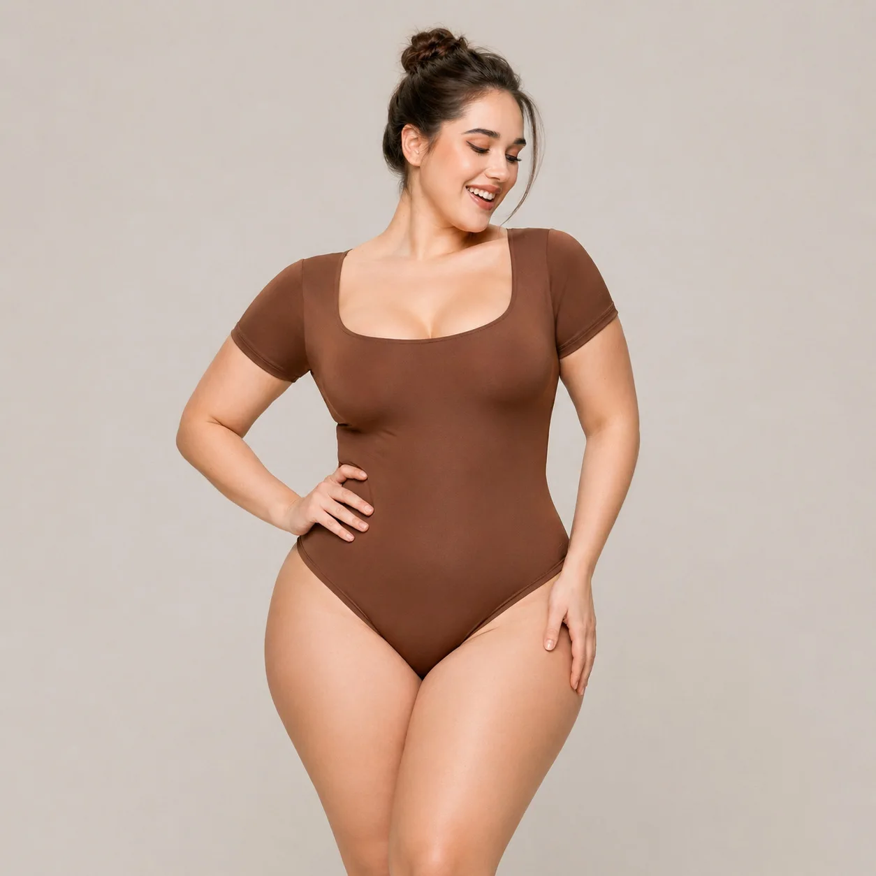 Square Neck Short Sleeve Bodysuit Women Full Body Control Thong Body Shaping Underwear Large Size Female High Elastic Leotards