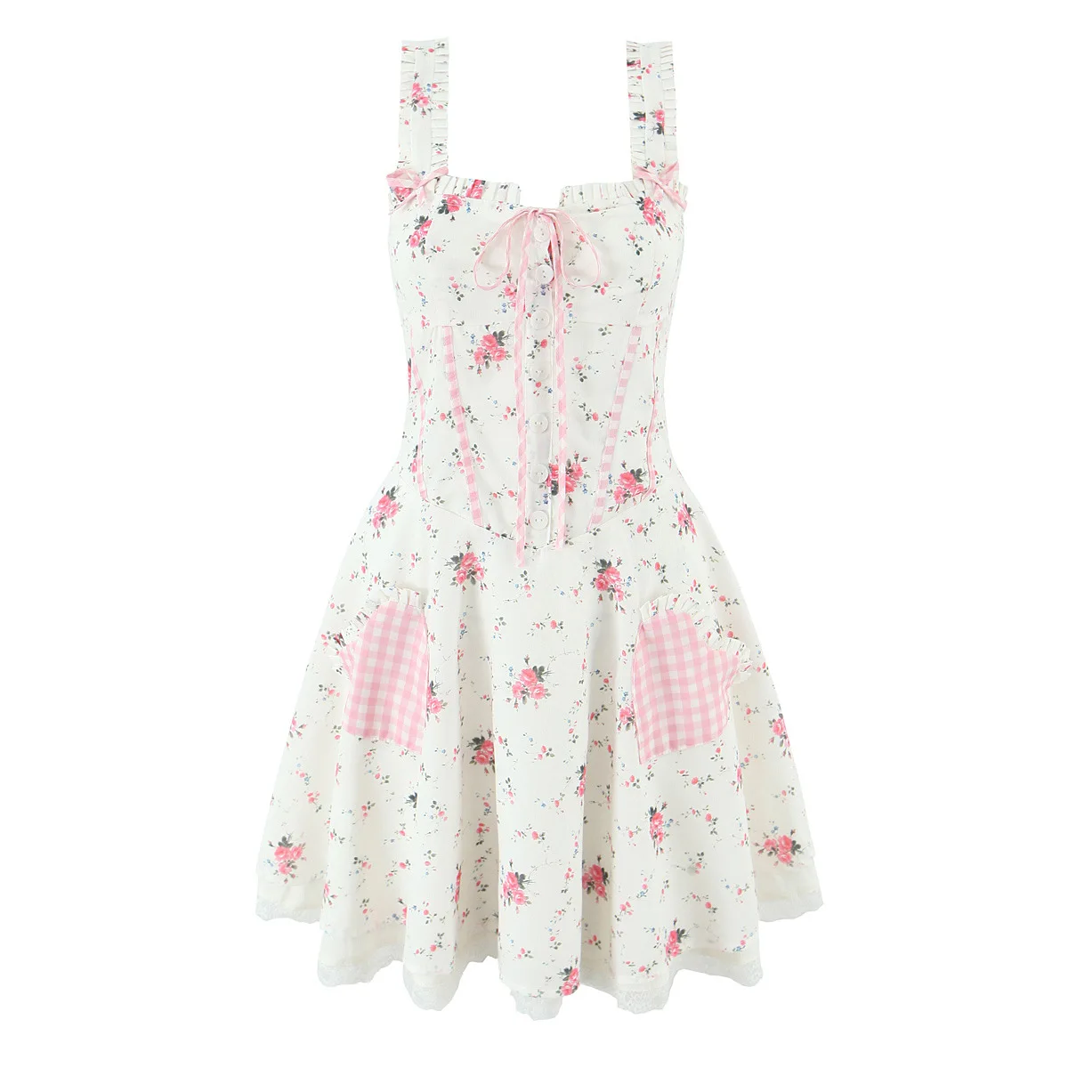 

Sweet Floral Print Plaid Spliced Summer Mini Dress Women Elegant A-line Slim Low Waist Short Tank Dresses Party Robe
